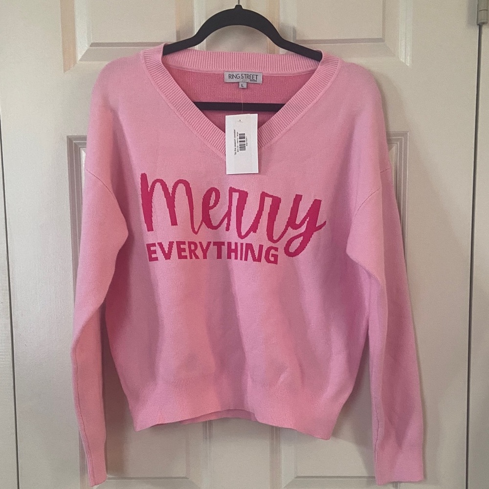 Pink 'Merry Everything' V-Neck Sweater NWT